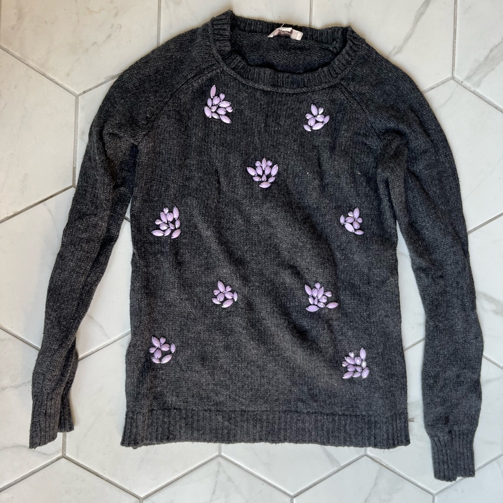 LOFT Outlet grey sweater with lavender jewels